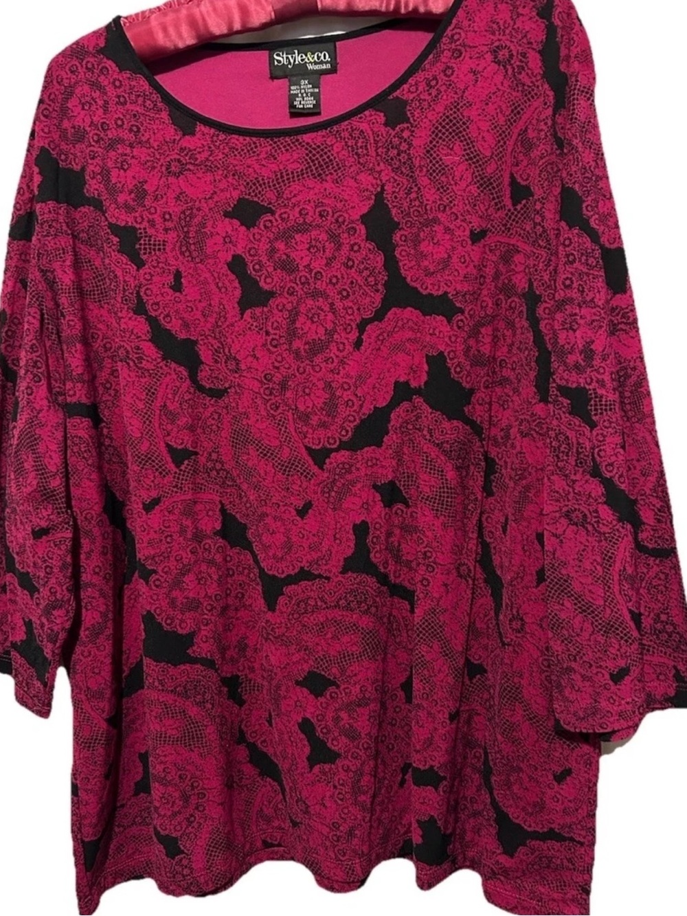 Style & Co Top 3X Paisley Stretch Knit Pink Black Nylon Shirt Blouse Plus Size